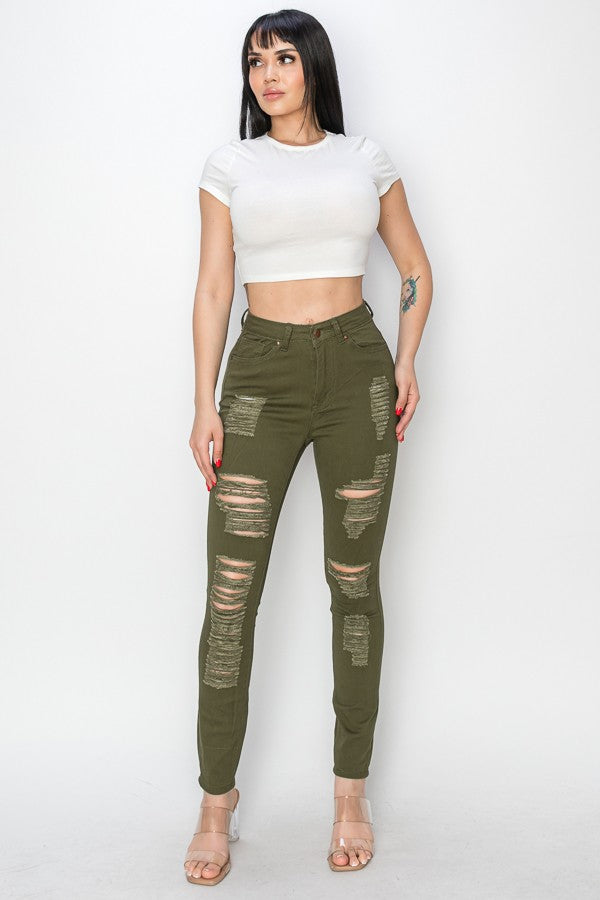 Olive Ripped & Stretchy Jeans