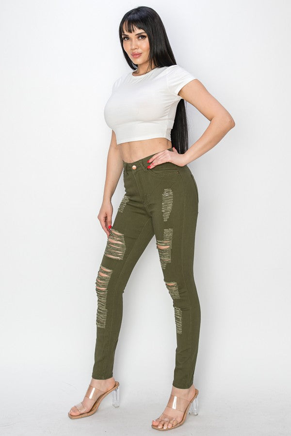 Olive Ripped & Stretchy Jeans