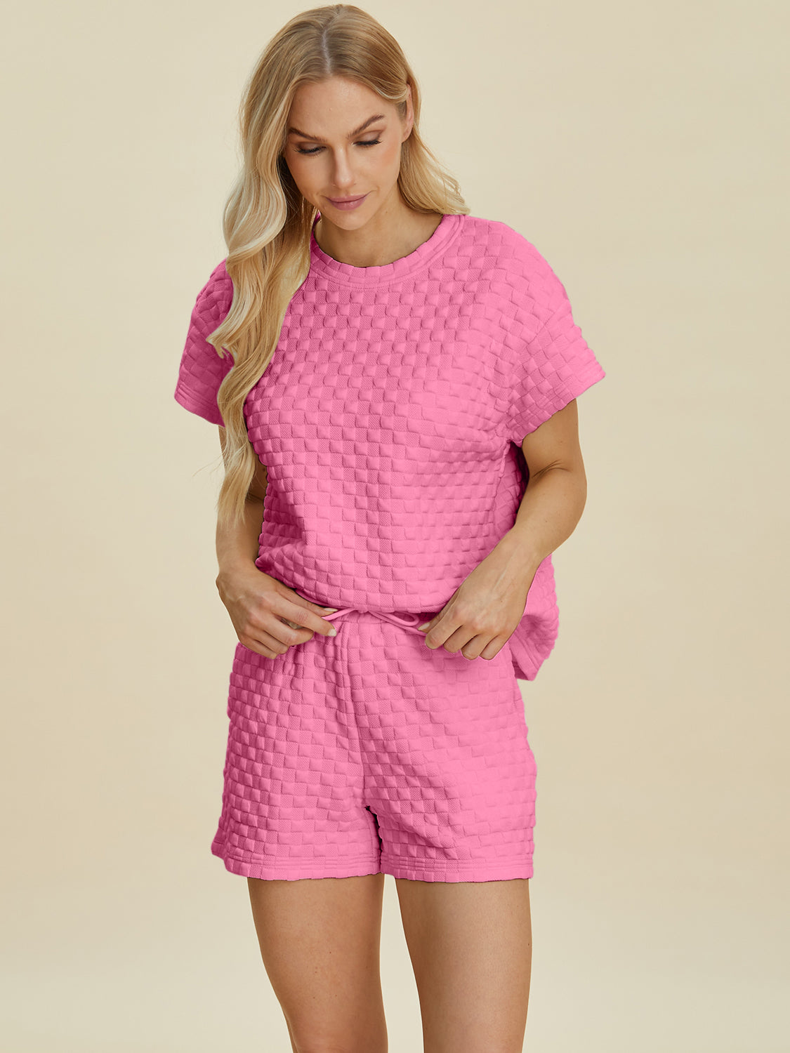 Double Take Full Size Texture T-Shirt and Shorts Set