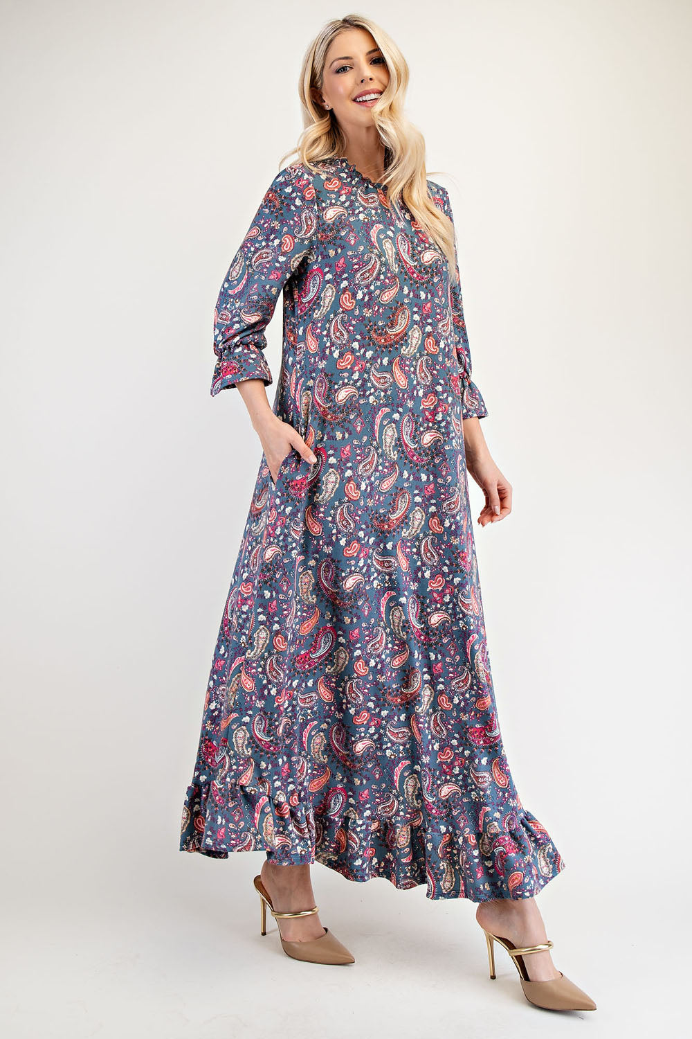 Celeste Full Size Ruffle Hem Paisley Round Neck Dress