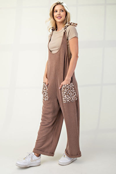 Celeste Full Size Ribbed Leopard Tied Shoulder Overalls